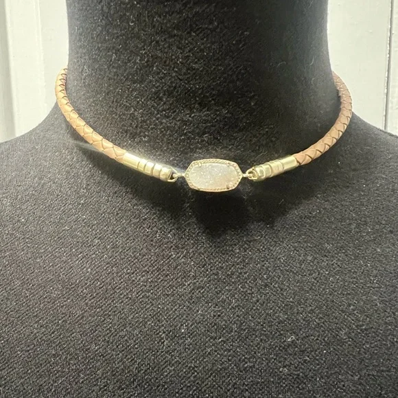 Kendra Scott Cooper Braided Leather pendant Choker Necklace Iridescent Drusy - Picture 4 of 5